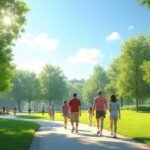 Emberek gyalogolnak egy parkban, friss levegőn és napfényben.