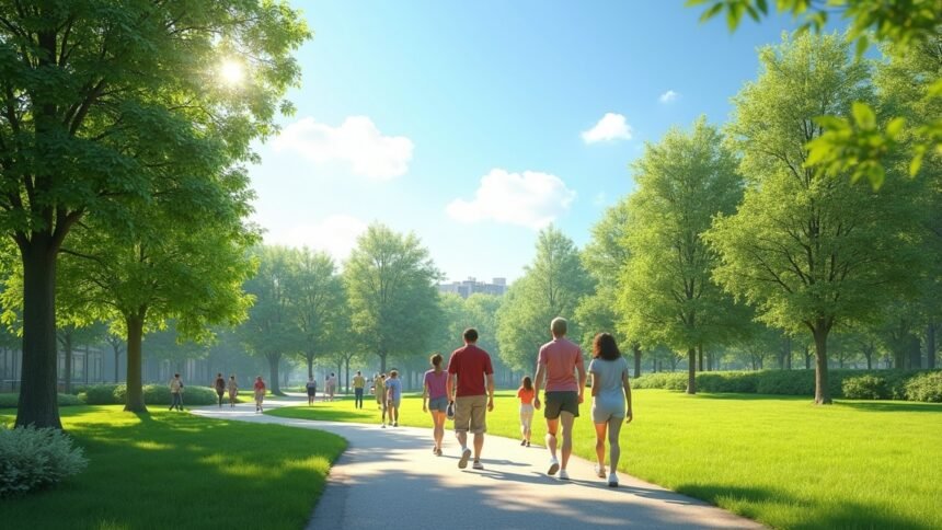 Emberek gyalogolnak egy parkban, friss levegőn és napfényben.