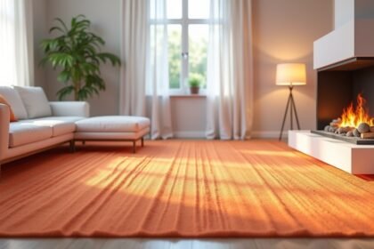 Modern nappali padlófűtés, narancssárga szőnyeggel és kandallóval.