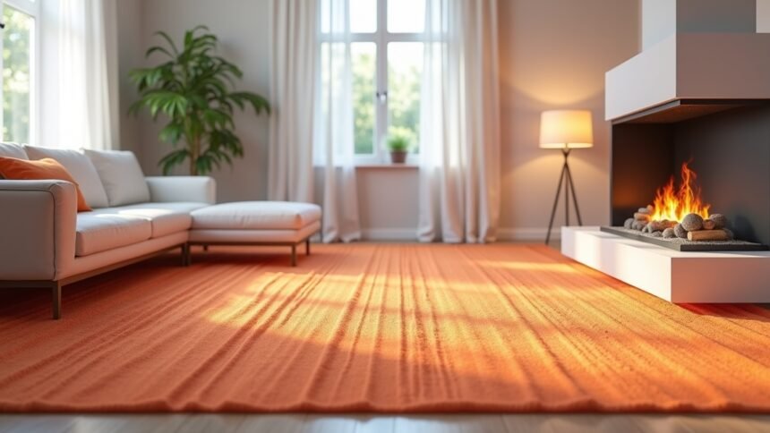 Modern nappali padlófűtés, narancssárga szőnyeggel és kandallóval.