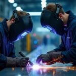 Két hegesztő dolgozik impulzushegesztési technikával egy modern gyárban.