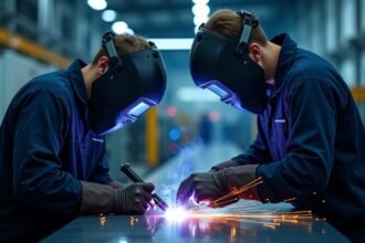 Két hegesztő dolgozik impulzushegesztési technikával egy modern gyárban.