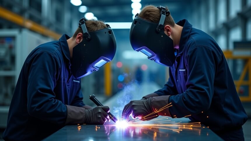 Két hegesztő dolgozik impulzushegesztési technikával egy modern gyárban.