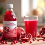 Gránátalma koncentrátum palack és friss gyümölcsök az asztalon