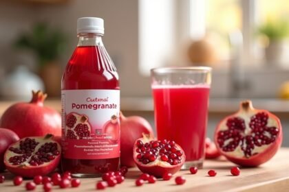 Gránátalma koncentrátum palack és friss gyümölcsök az asztalon