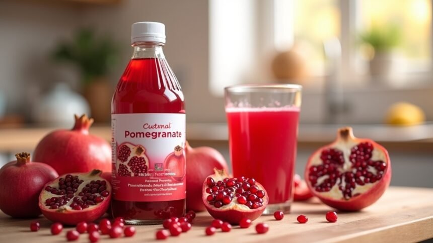 Gránátalma koncentrátum palack és friss gyümölcsök az asztalon