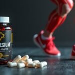 Magnézium kapszulák edzőtermi háttérrel és sportoló lábakkal.