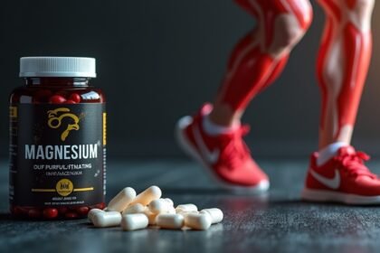 Magnézium kapszulák edzőtermi háttérrel és sportoló lábakkal.