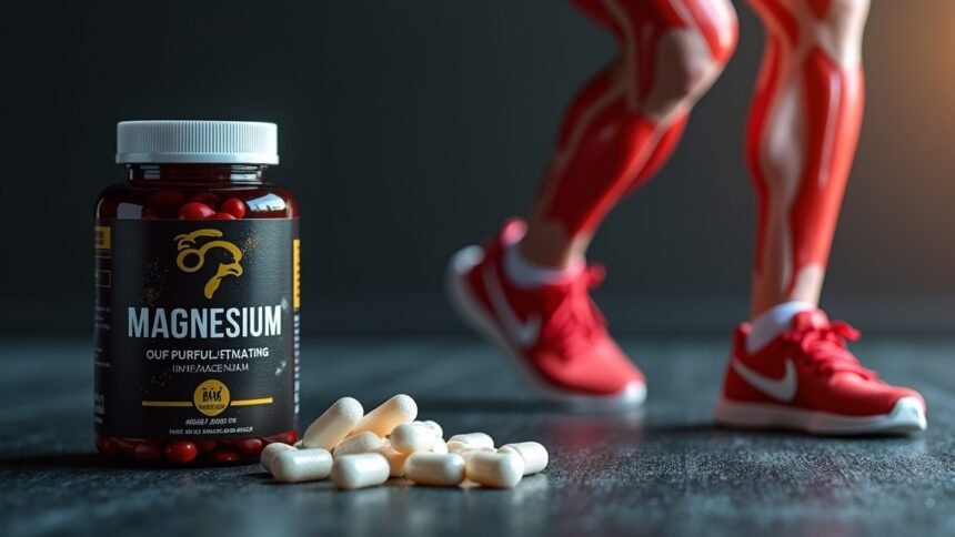 Magnézium kapszulák edzőtermi háttérrel és sportoló lábakkal.