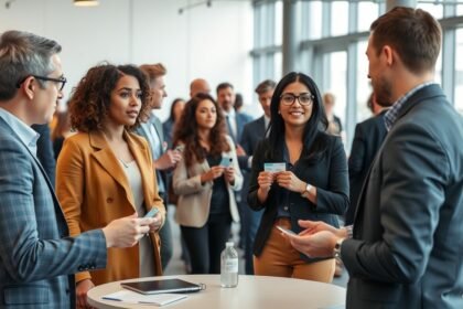 Szakmai bemutatkozás során üzleti találkozón résztvevők beszélgetnek.