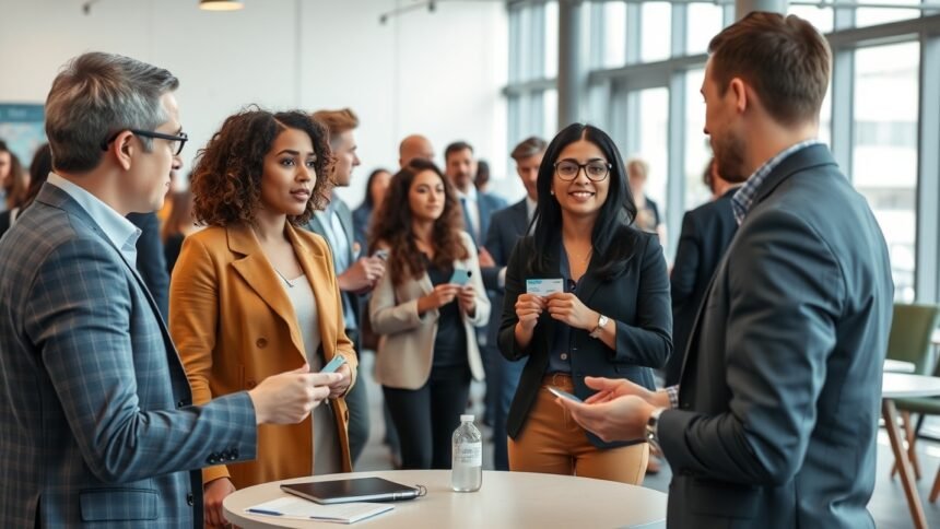 Szakmai bemutatkozás során üzleti találkozón résztvevők beszélgetnek.