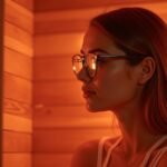 Nő infraszaunában, szemüveget viselve, narancssárga fényben