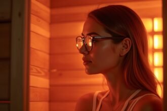 Nő infraszaunában, szemüveget viselve, narancssárga fényben