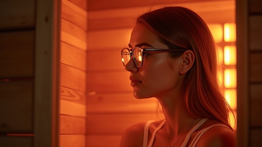 Nő infraszaunában, szemüveget viselve, narancssárga fényben