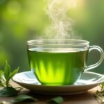 Friss és gőzölgő sencha zöld tea egy átlátszó bögrében.