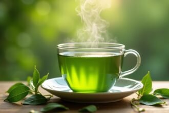 Friss és gőzölgő sencha zöld tea egy átlátszó bögrében.