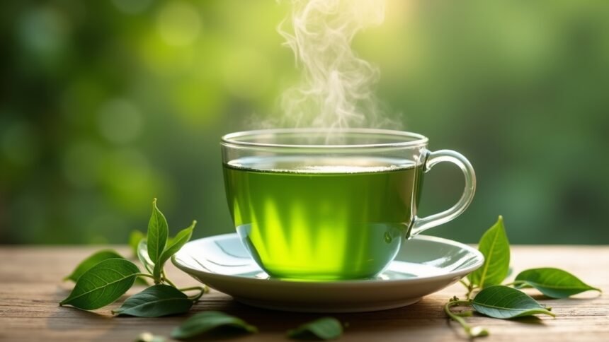 Friss és gőzölgő sencha zöld tea egy átlátszó bögrében.