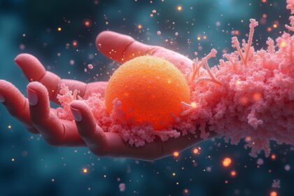 Egy kéz, amely egy élénk színű gömböt tart a háttérben.