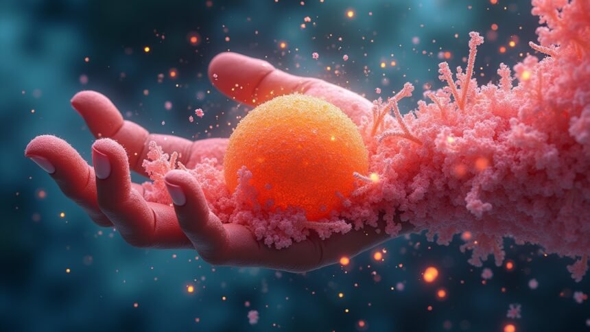 Egy kéz, amely egy élénk színű gömböt tart a háttérben.