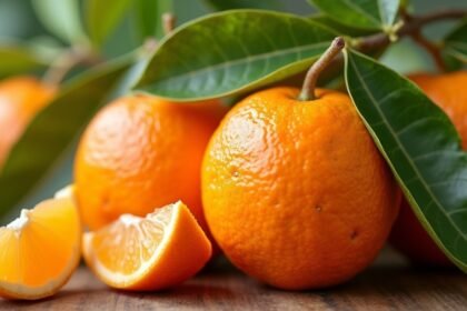 Friss mandarinok zöld levéllel, narancssárga gyümölcsökkel.