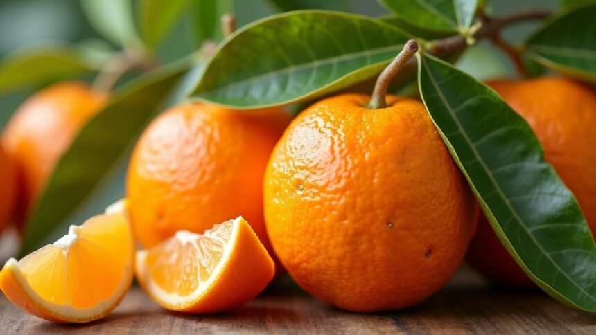 Friss mandarinok zöld levéllel, narancssárga gyümölcsökkel.