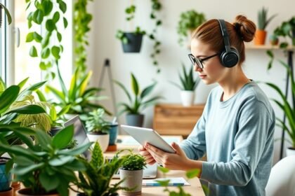 Nő környezetvédelmi karrierépítés közben, zöld növények között.