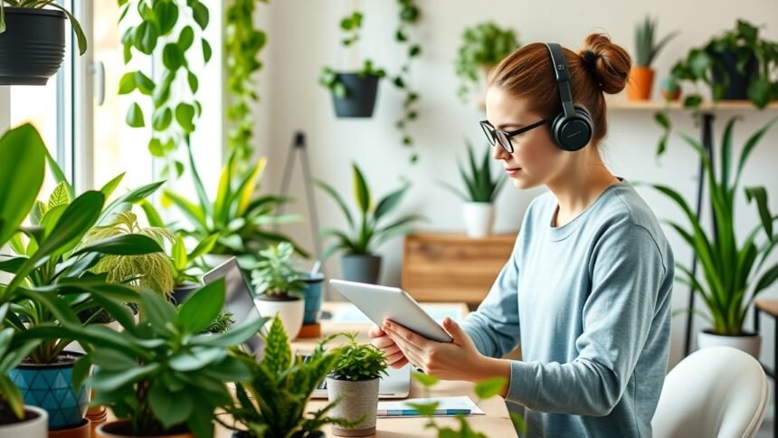 Nő környezetvédelmi karrierépítés közben, zöld növények között.