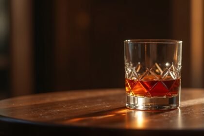 Egy pohár konyak egy fa asztalon, meleg fényben.