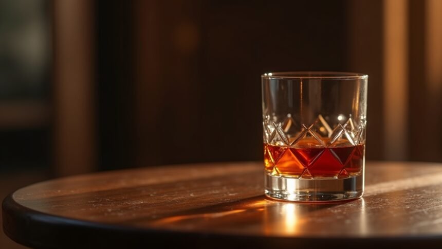Egy pohár konyak egy fa asztalon, meleg fényben.