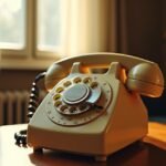 Retro tárcsás telefon a nappaliban, napsütésben