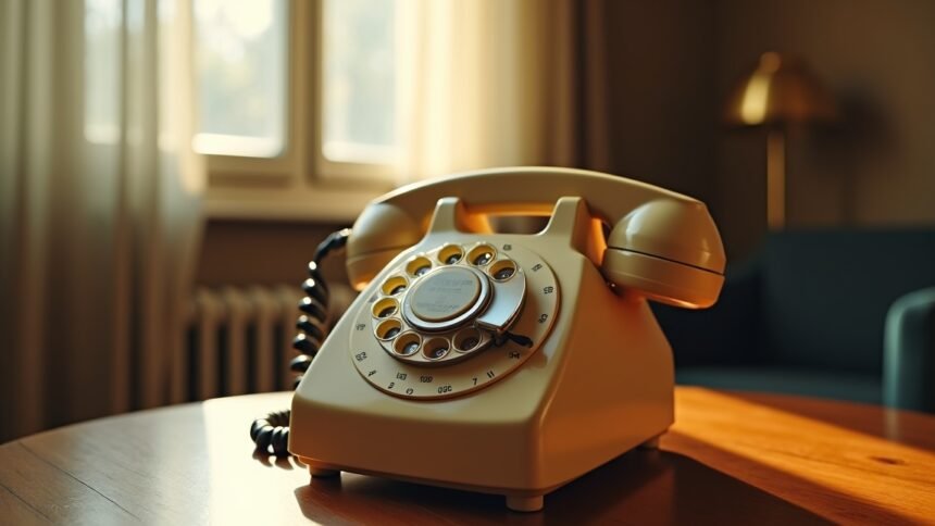 Retro tárcsás telefon a nappaliban, napsütésben