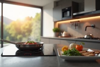 Indukciós főzőlap zöldségekkel és étellel egy modern konyhában.