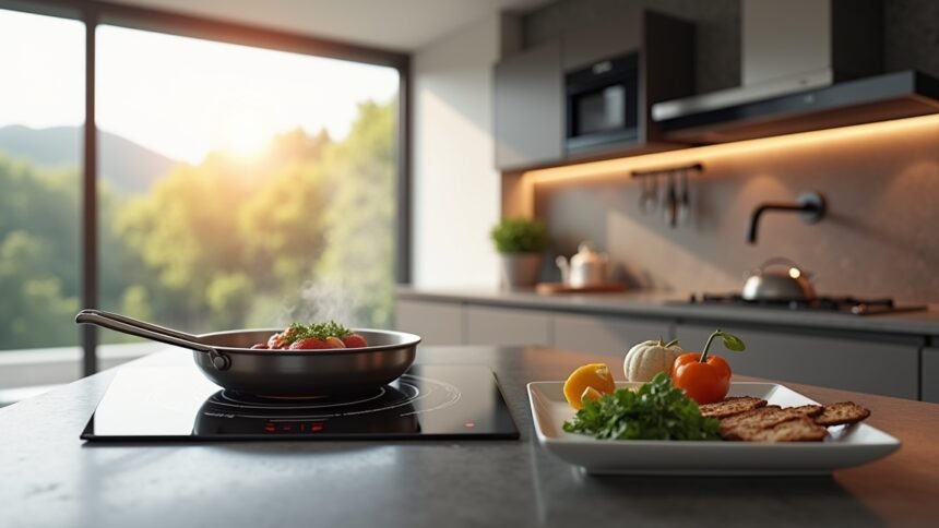 Indukciós főzőlap zöldségekkel és étellel egy modern konyhában.
