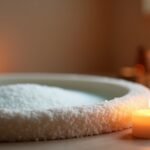 Sós fürdő só és gyertyák a relaxációhoz és bőrápoláshoz.