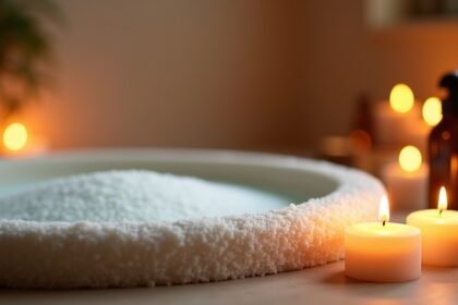 Sós fürdő só és gyertyák a relaxációhoz és bőrápoláshoz.