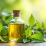 Üveg palack ricinusolajjal és zöld levelek a háttérben