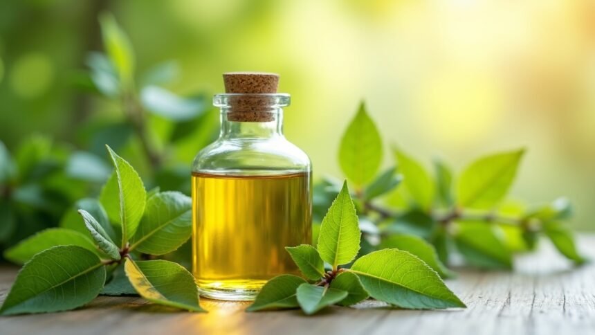 Üveg palack ricinusolajjal és zöld levelek a háttérben