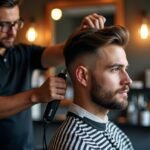 Férfi frizura készítése profi borbély által szépen berendezett üzletben.