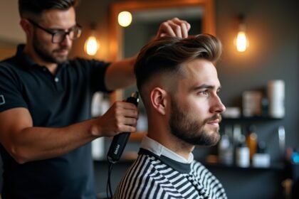 Férfi frizura készítése profi borbély által szépen berendezett üzletben.