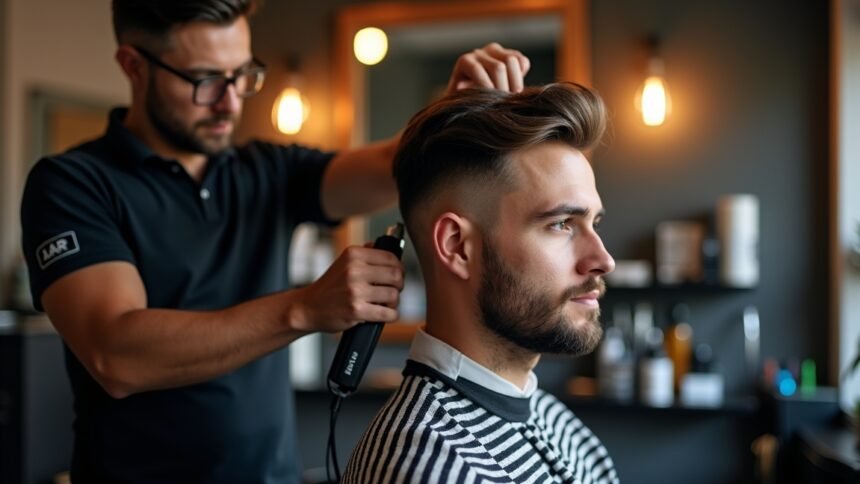Férfi frizura készítése profi borbély által szépen berendezett üzletben.