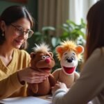 Bábjáték terápiás foglalkozás során egy pszichológussal.