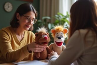 Bábjáték terápiás foglalkozás során egy pszichológussal.