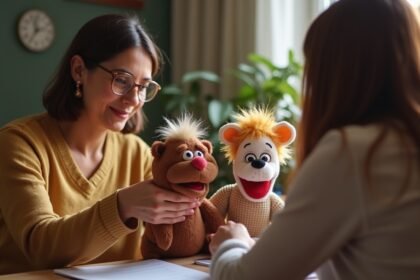 Bábjáték terápiás foglalkozás során egy pszichológussal.