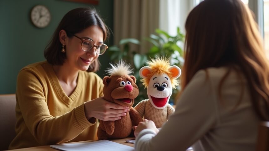 Bábjáték terápiás foglalkozás során egy pszichológussal.