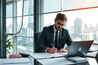 Vezetői tapasztalattal rendelkező férfi dolgozik az irodájában