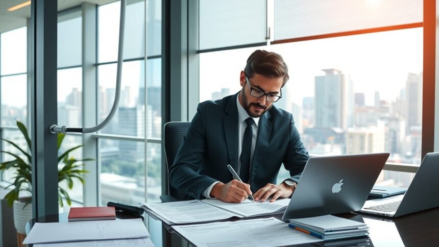 Vezetői tapasztalattal rendelkező férfi dolgozik az irodájában