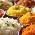 Tálakban elhelyezett különböző típusú basmati rizs ételek.