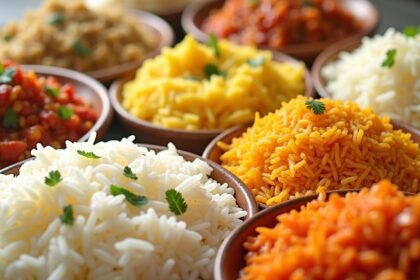 Tálakban elhelyezett különböző típusú basmati rizs ételek.