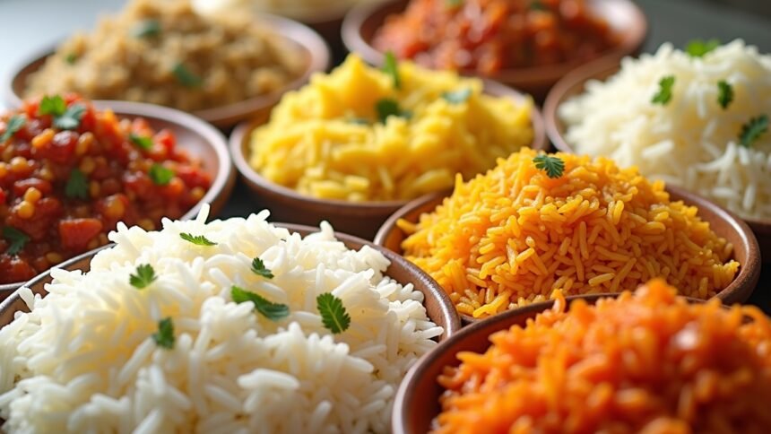 Tálakban elhelyezett különböző típusú basmati rizs ételek.