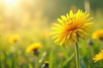 Pitypang virág a napfényben, egészséges gyógynövény